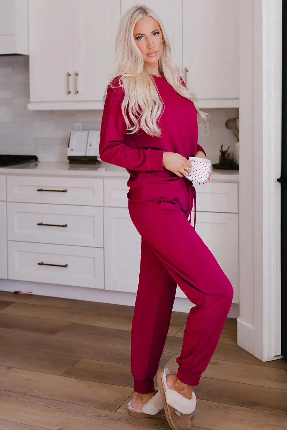 Round Neck Top and Drawstring Pants Lounge Set Loungewear Sets - Tophatter Daily Deals