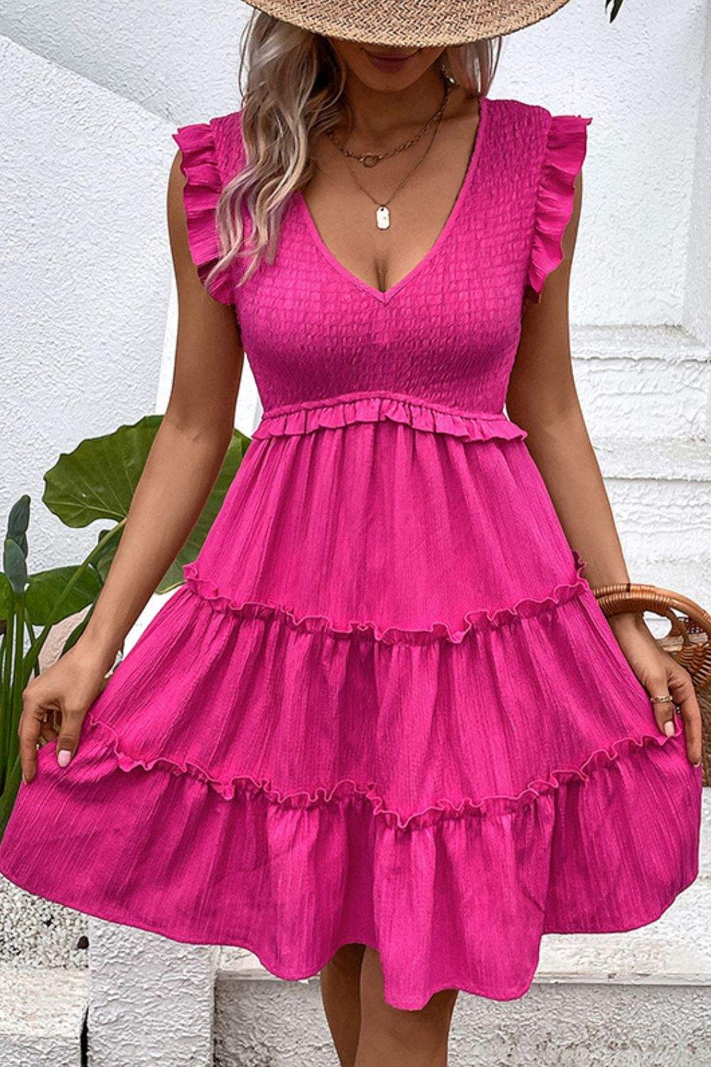 Smocked Frill Trim Deep V Dress Casual Dresses - Tophatter Daily Deals