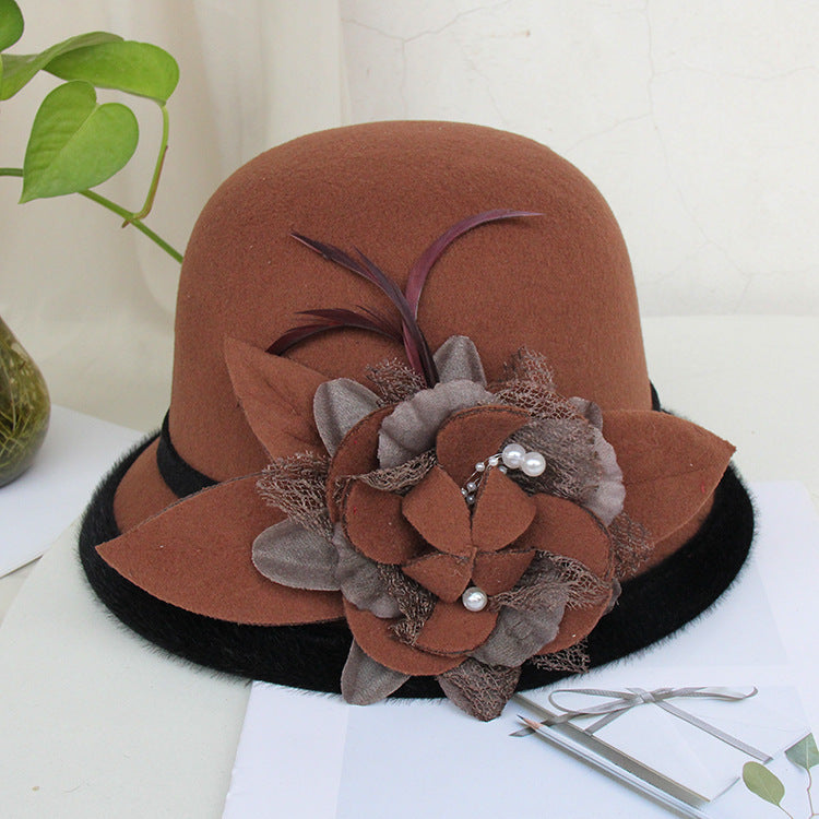 Black Brim Woolen British Feather Flower Top Hat Coffee Adjustable 0 - Tophatter Daily Deals