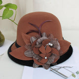 Black Brim Woolen British Feather Flower Top Hat Coffee Adjustable 0 - Tophatter Daily Deals