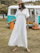 Lace Detail Eyelet V-Neck Half Sleeve Dress White Casual Dresses - Tophatter Daily Deals