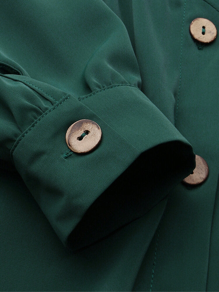 Solid Color Stand Collar Button Down Front Leisure Loose Pockets Women Maxi Dress Maxi Dresses - Tophatter Daily Deals