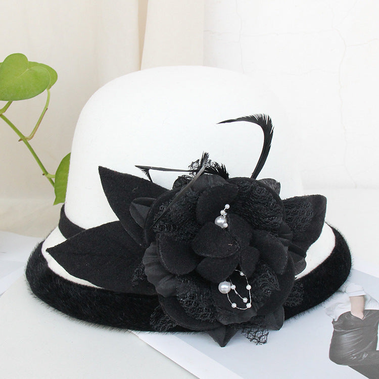 Black Brim Woolen British Feather Flower Top Hat White Adjustable 0 - Tophatter Daily Deals
