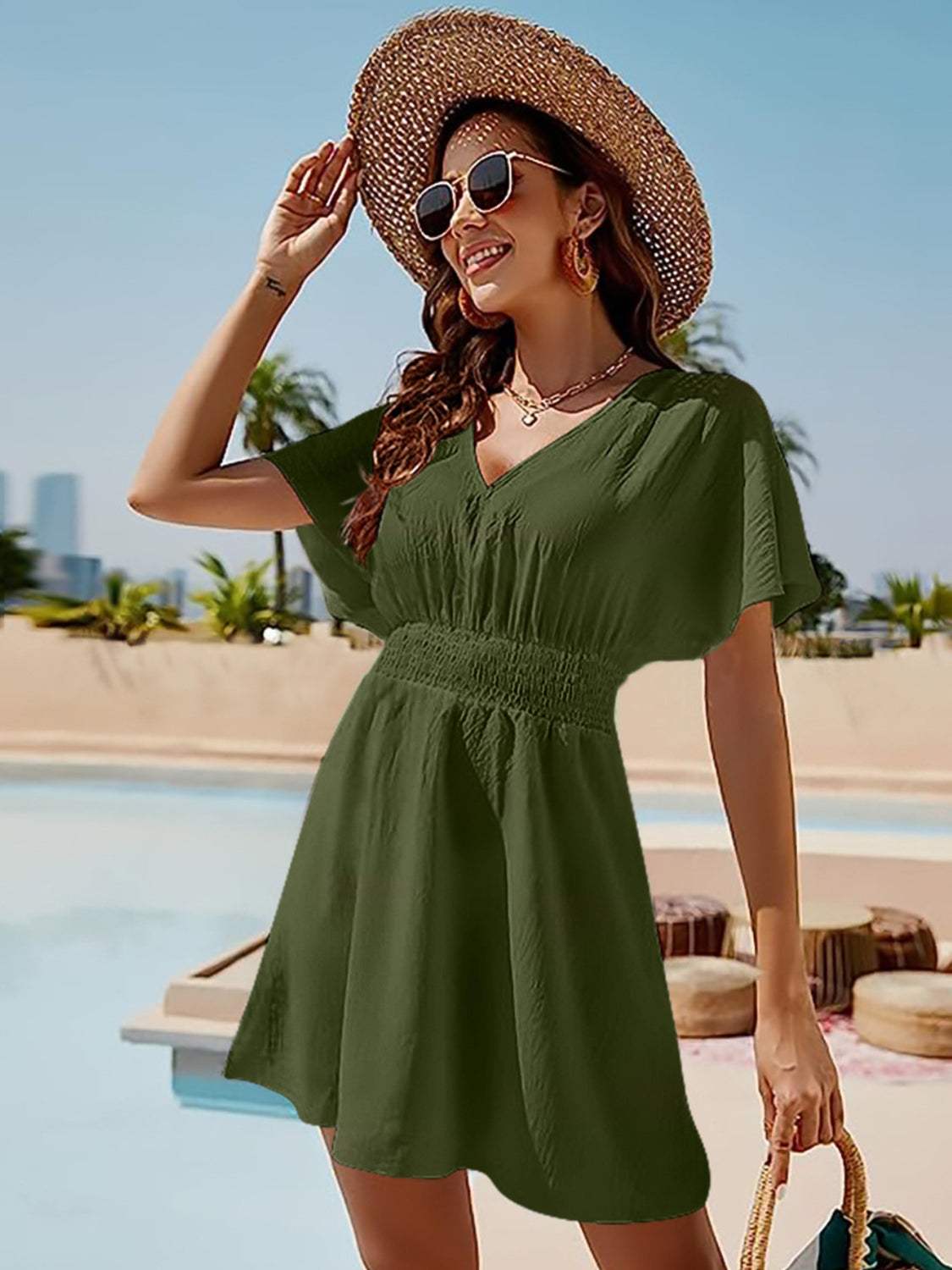 Smocked V-Neck Short Sleeve Dress Moss Casual Dresses - Tophatter Daily Deals