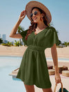 Smocked V-Neck Short Sleeve Dress Moss Casual Dresses - Tophatter Daily Deals