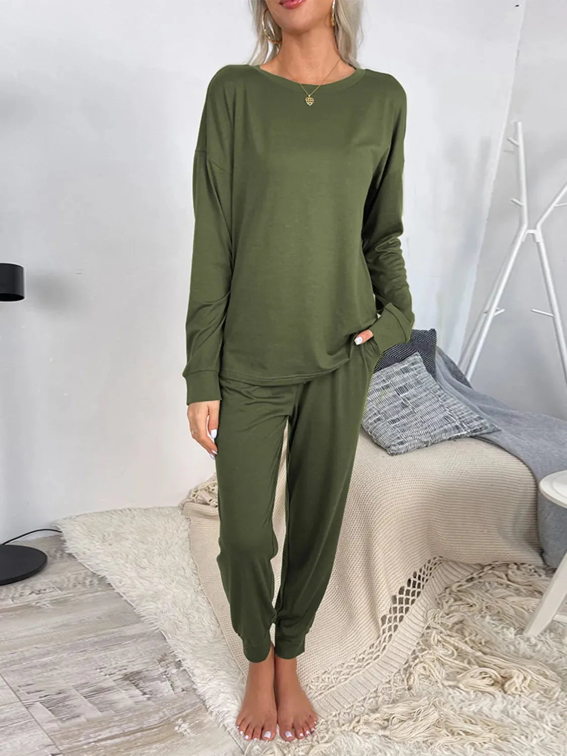 Round Neck Top and Drawstring Pants Lounge Set Loungewear Sets - Tophatter Daily Deals