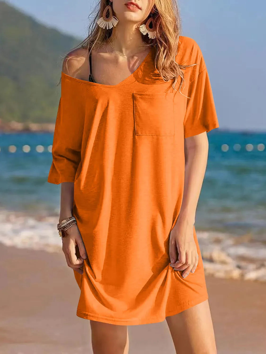 Pocketed V-Neck Short Sleeve Tee Dress Tangerine Casual Dresses - Tophatter Daily Deals