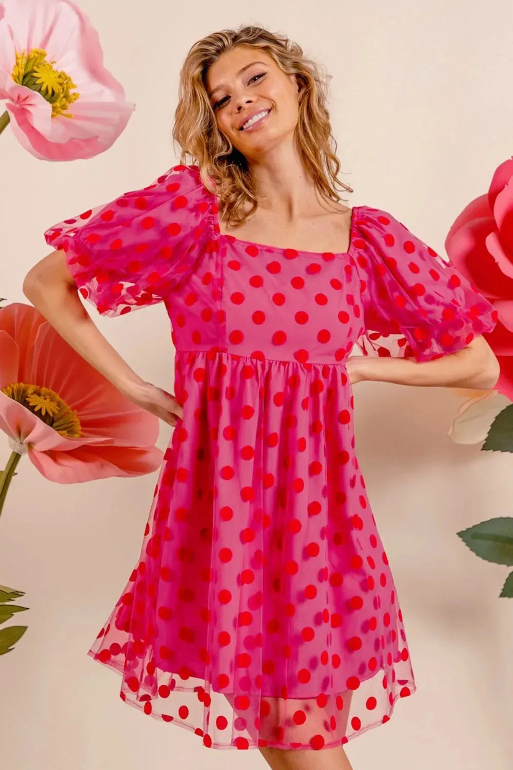 BiBi Polka Dot Mesh Puff Sleeve Dress Casual Dresses - Tophatter Daily Deals
