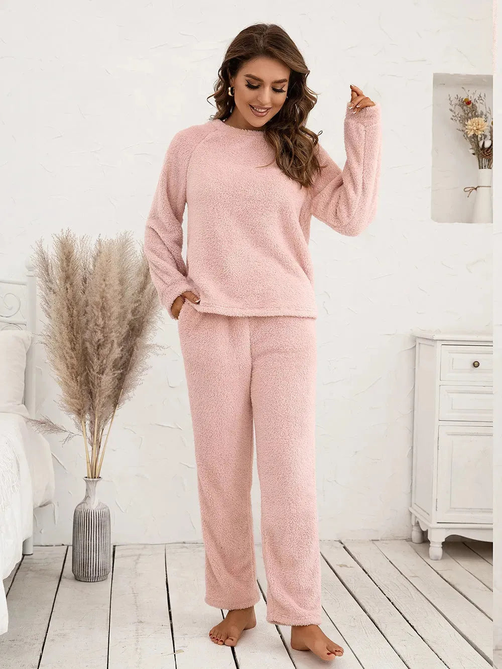 Teddy Long Sleeve Top and Pants Lounge Set Watermelon pink Loungewear Sets - Tophatter Daily Deals