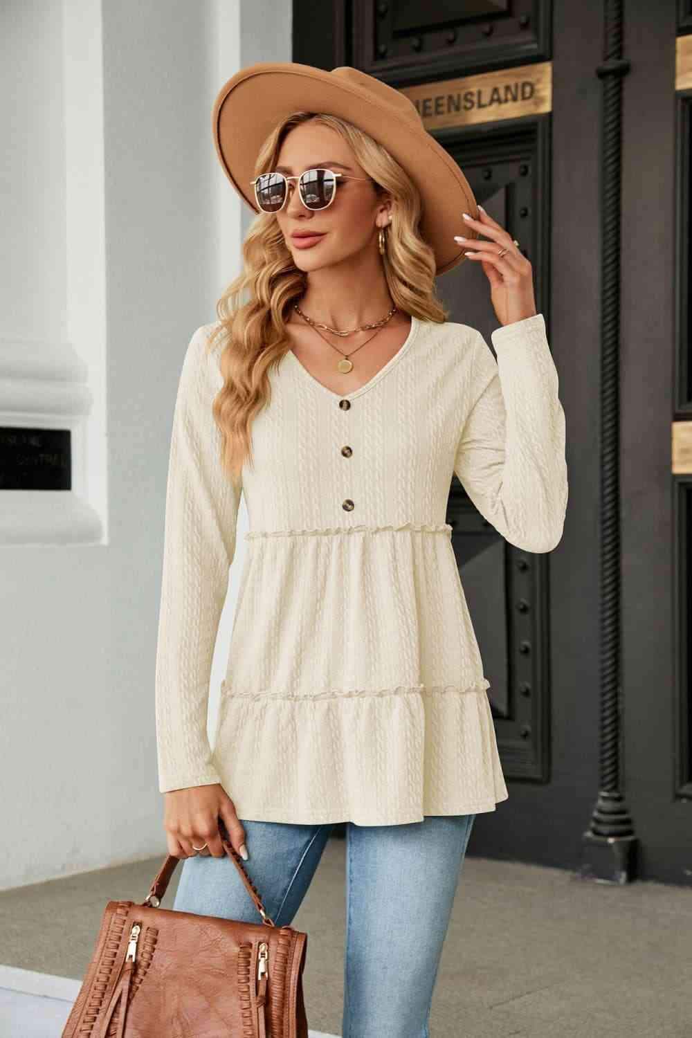 Long Sleeve V-Neck Cable-Knit Blouse Ivory Blouses - Tophatter Daily Deals