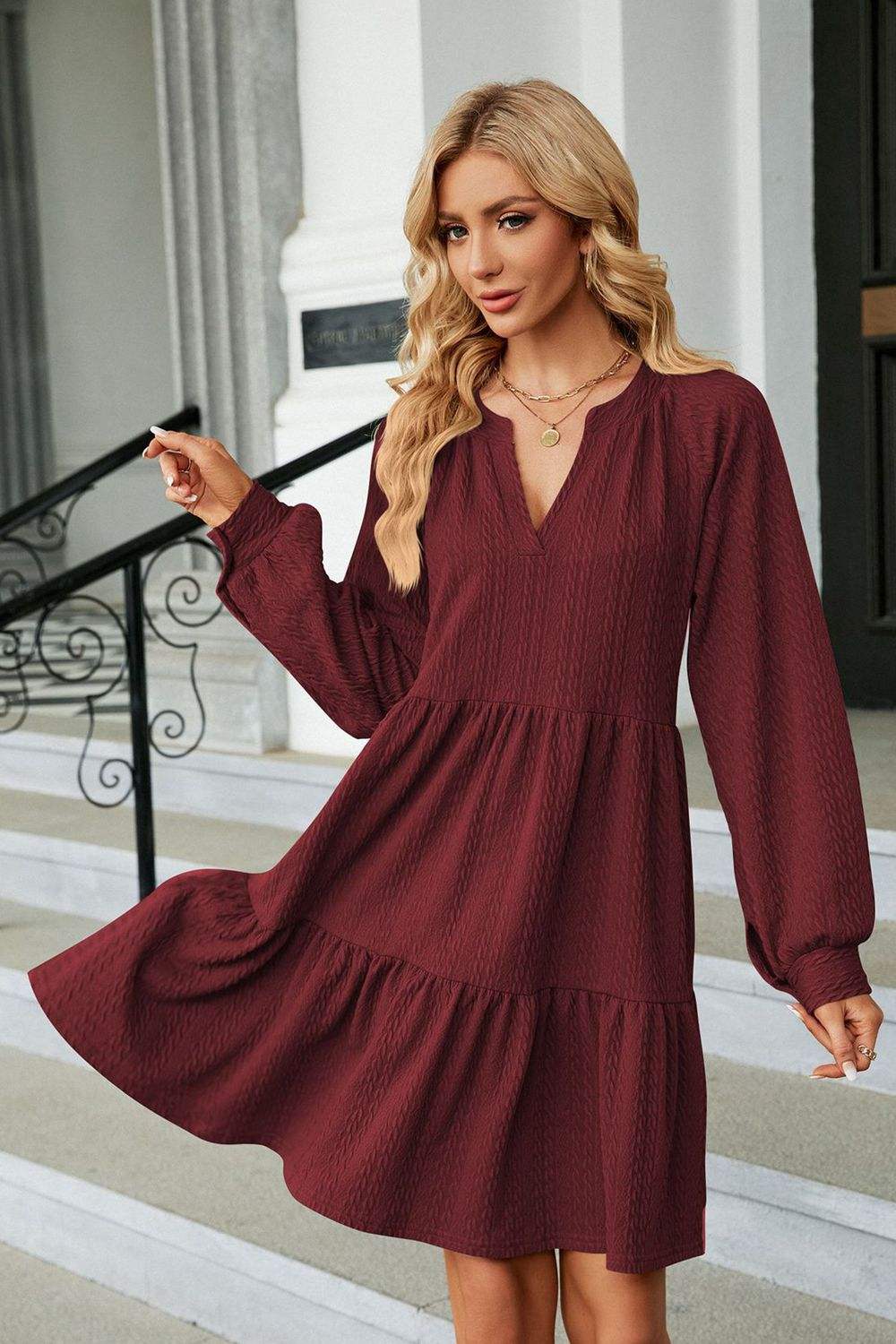 Notched Neck Long Sleeve Mini Dress - Tophatter Deals and Online Shopping - Electronics, Jewelry, Beauty, Health, Gadgets, Fashion - Tophatter's Discounts & Offers - tophatters - tophatters.co