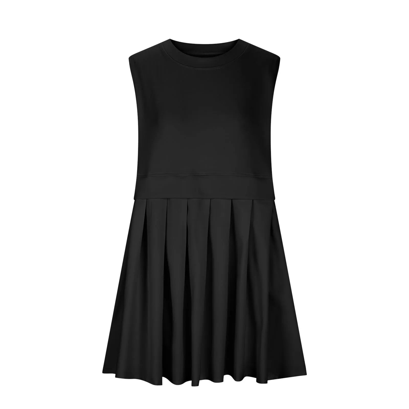 Pleated Round Neck Sleeveless Mini Dress Black Casual Dresses - Tophatter Daily Deals