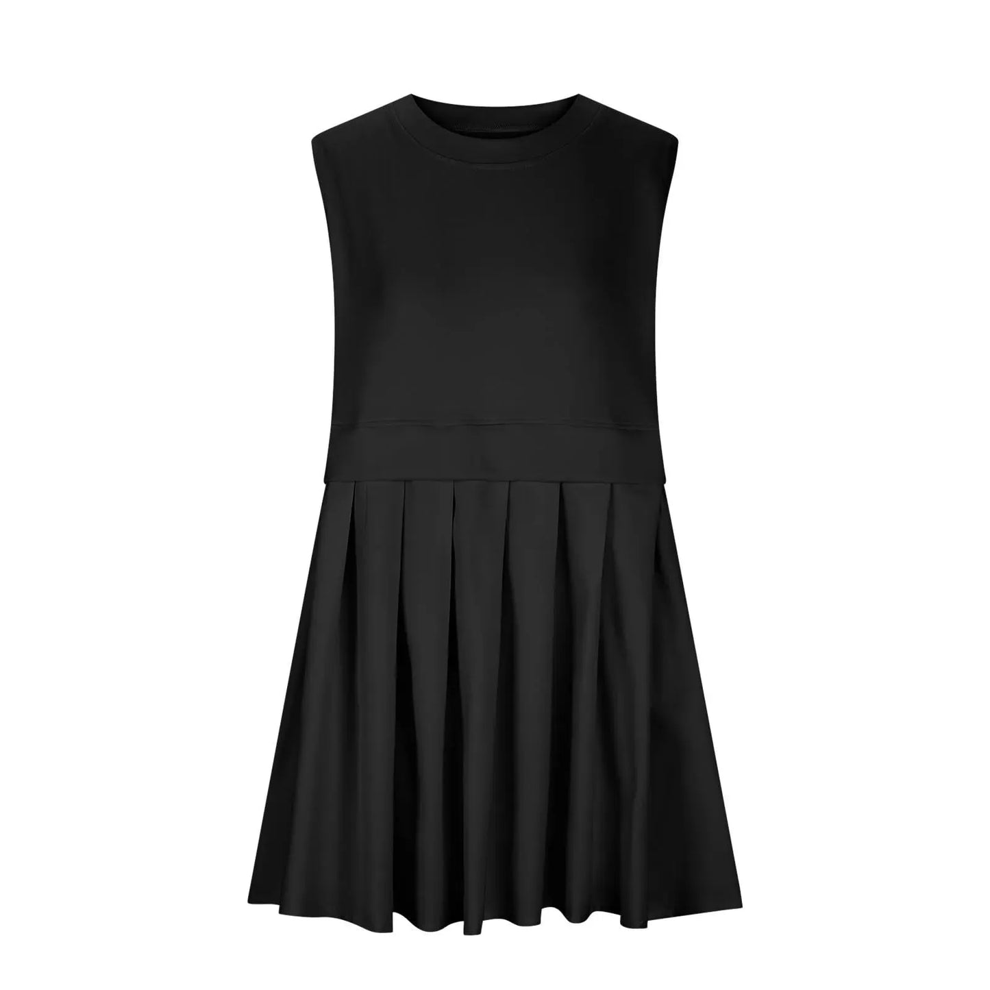 Pleated Round Neck Sleeveless Mini Dress Black Casual Dresses - Tophatter Daily Deals