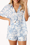 Sky Blue Floral Short Sleeve Shirt and Shorts Set Sky Blue 100%Polyester Loungewear & Sleepwear/Sleepwear - Tophatter Daily Deals