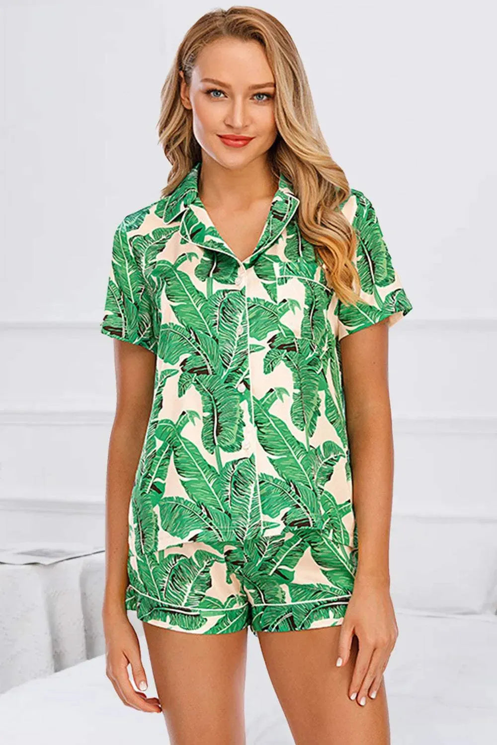 Printed Button Up Short Sleeve Top and Shorts Lounge Set Mid Green Loungewear Sets - Tophatter Daily Deals
