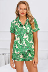 Printed Button Up Short Sleeve Top and Shorts Lounge Set Loungewear Sets - Tophatter Daily Deals