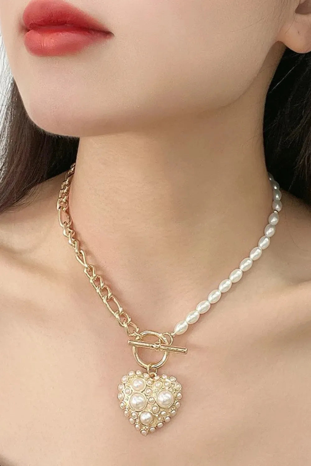 Heart Pendant Half Chain Half Pearl Necklace Gold One Size Necklaces - Tophatter Daily Deals