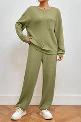 Pocketed Round Neck Top and Pants Lounge Set Loungewear Sets - Tophatter Daily Deals