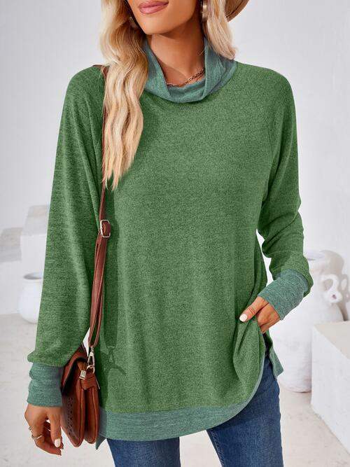 Contrast Mock Neck Long Sleeve T-Shirt Moss Women's T-Shirts - Tophatter Daily Deals