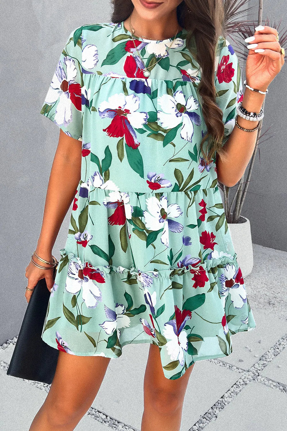 Printed Tiered Round Neck Mini Dress Casual Dresses - Tophatter Daily Deals