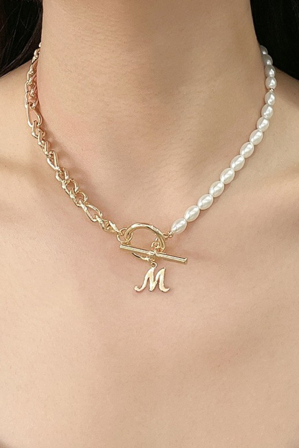 Alphabet M Pendant Half Pearl and Half Chain Necklace Gold One Size Necklaces - Tophatter Daily Deals