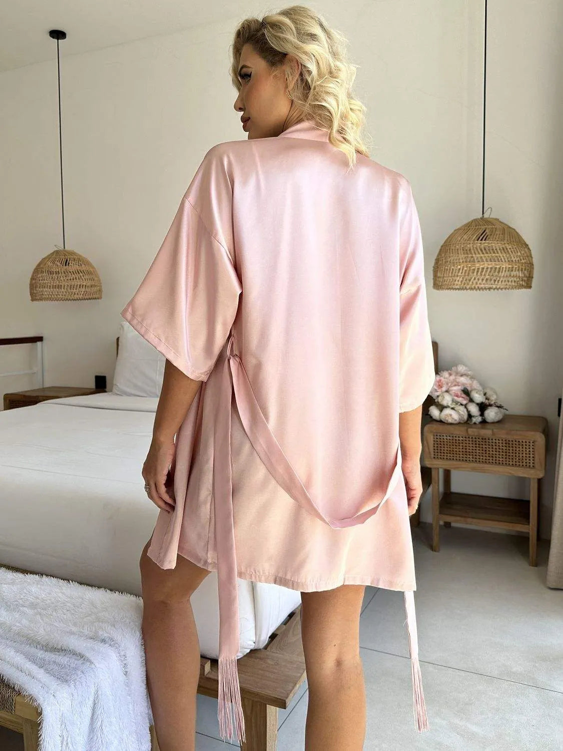 Fringe Detail Belted Half Sleeve Robe Sleep Dresses - Tophatter Daily Deals