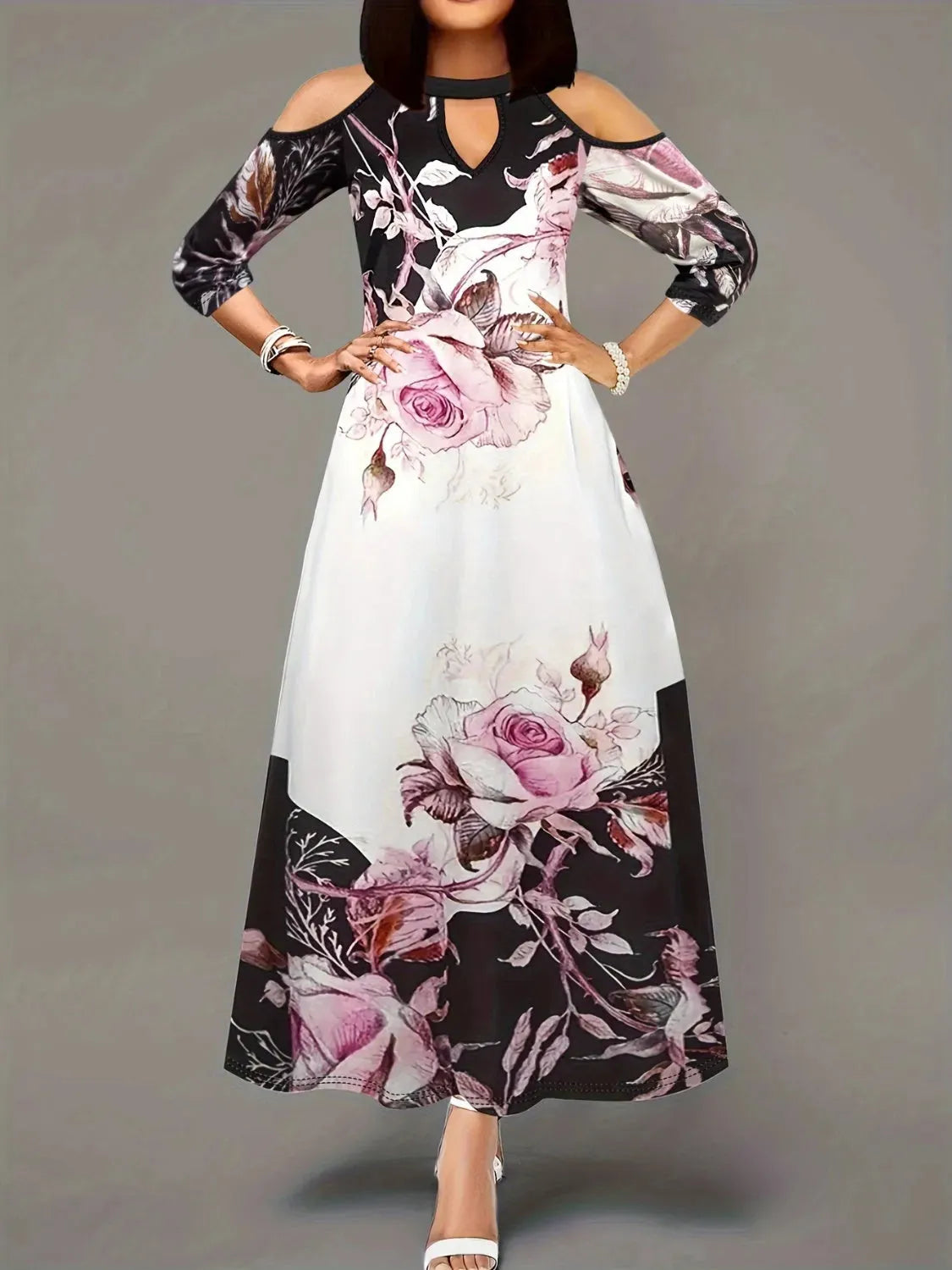Plus Size Cutout Printed Cold Shoulder Dress White Casual Dresses - Tophatter Daily Deals
