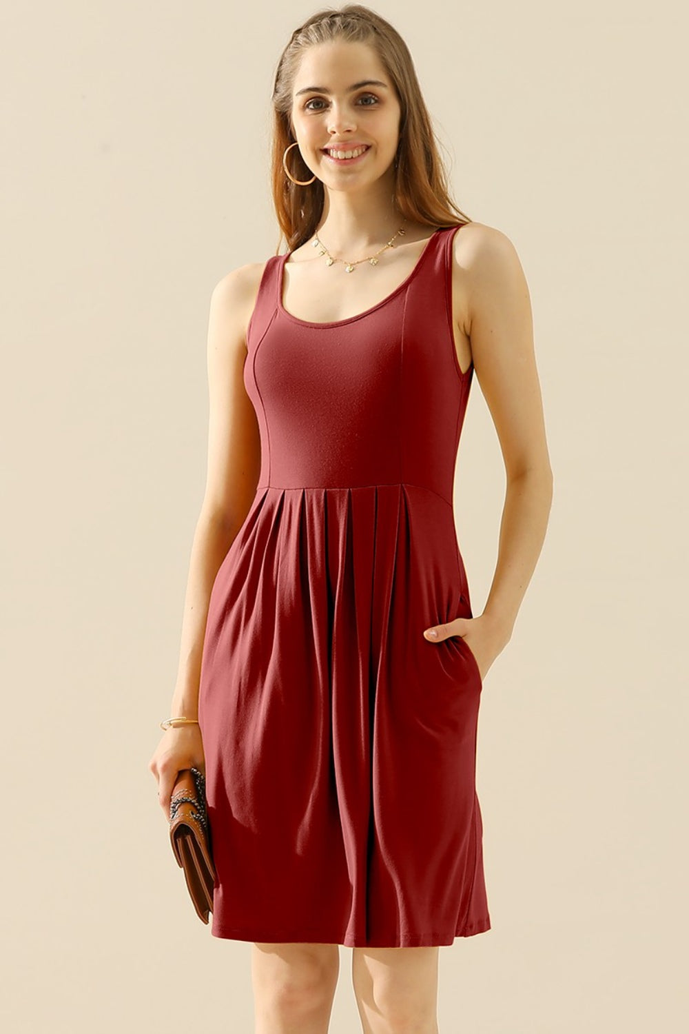 Doublju Full Size Round Neck Ruched Sleeveless Dress with Pockets - Tophatter Deals