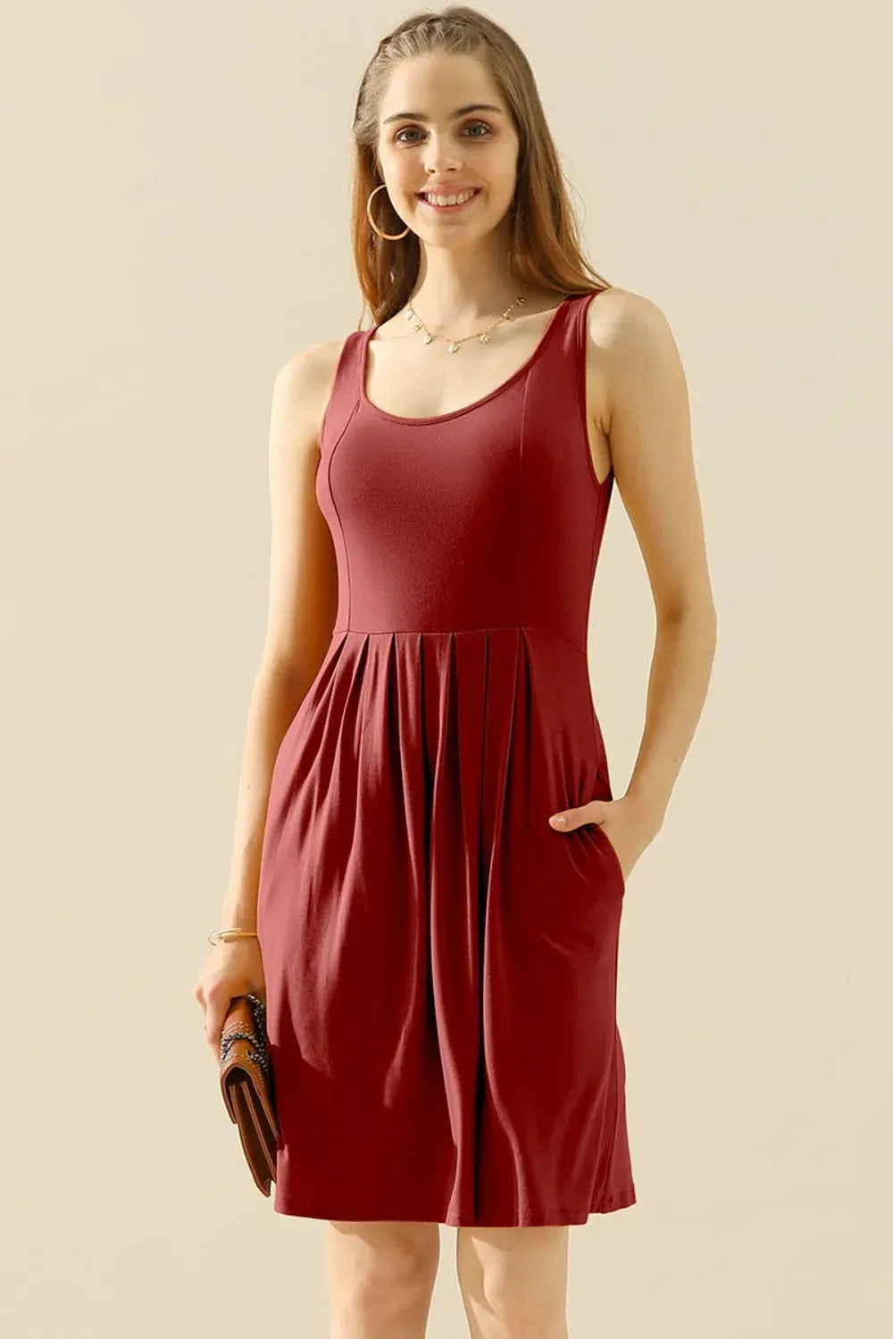 Doublju Full Size Round Neck Ruched Sleeveless Dress with Pockets BURGUNDY Cocktail Dresses - Tophatter Daily Deals
