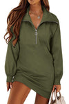 Half Zip Dropped Shoulder Mini Sweatshirt Dress Army Green Casual Dresses - Tophatter Daily Deals