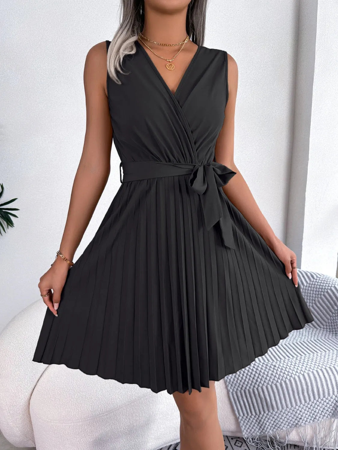 Tied Surplice Sleeveless Pleated Dress Black Casual Dresses - Tophatter Daily Deals