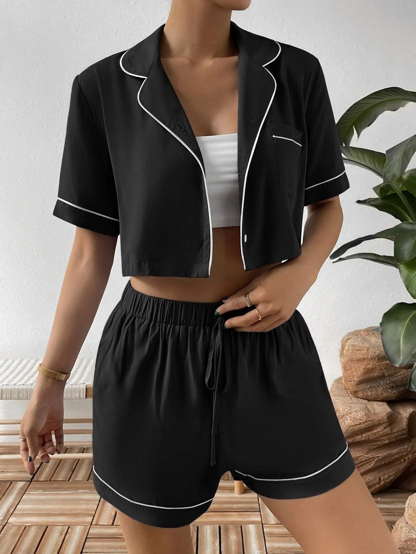 Contrast Lapel Collar Cropped Shirt and Shorts Lounge Set Loungewear Sets - Tophatter Daily Deals
