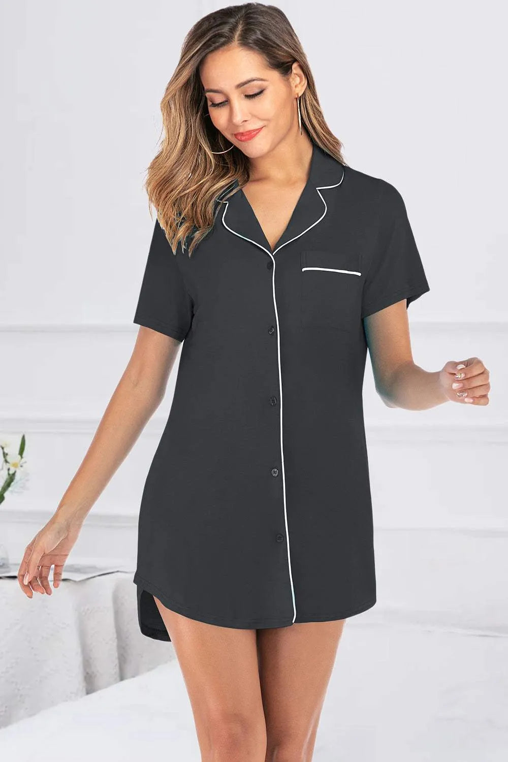 Contrast Piping Pocketed Short Sleeve Lounge Dress Black Sleep Dresses - Tophatter Daily Deals