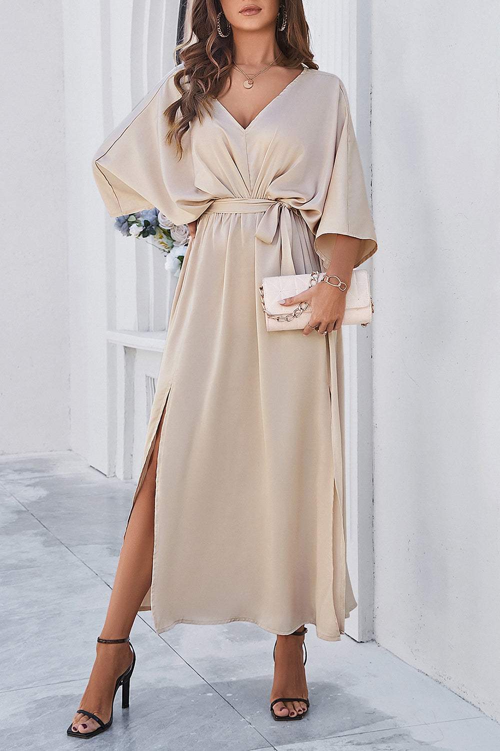 Slit Tied V-Neck Three-Quarter Sleeve Dress Casual Dresses - Tophatter Daily Deals