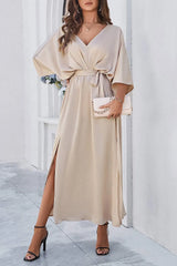 Slit Tied V-Neck Three-Quarter Sleeve Dress Casual Dresses - Tophatter Daily Deals