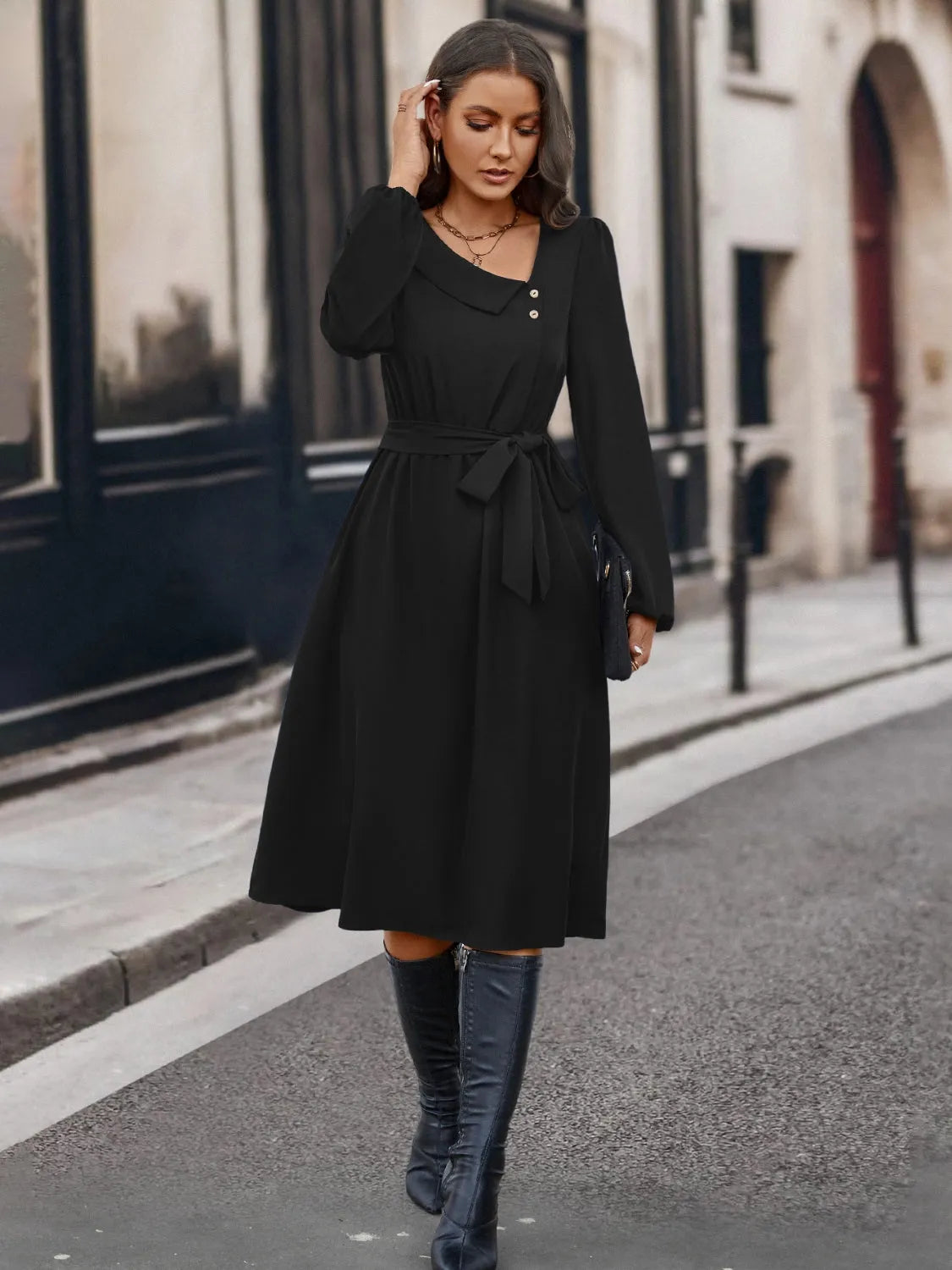 Buttoned Tie Front Long Sleeve Asymmetrical Neck Dress Black Casual Dresses - Tophatter Daily Deals