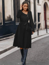 Buttoned Tie Front Long Sleeve Asymmetrical Neck Dress Black Casual Dresses - Tophatter Daily Deals