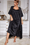 Striped Flounce Sleeve Open Front Robe and Cami Dress Set Black Loungewear Sets - Tophatter Daily Deals