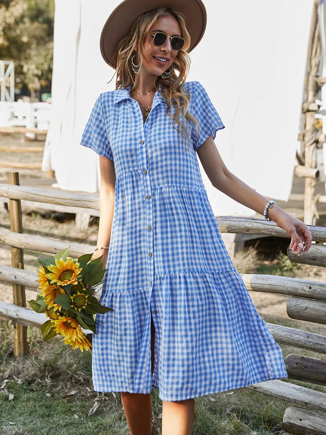 Button Up Plaid Short Sleeve Midi Dress Blue Casual Dresses - Tophatter Daily Deals