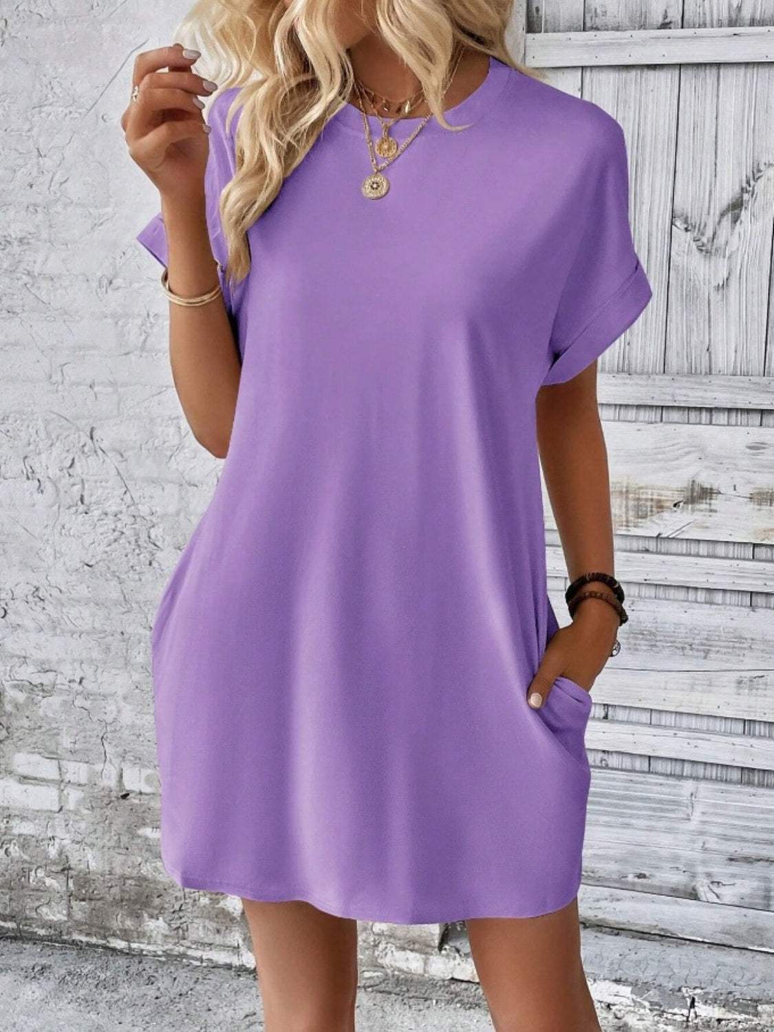 Pocketed Round Neck Short Sleeve Dress Casual Dresses - Tophatter Daily Deals