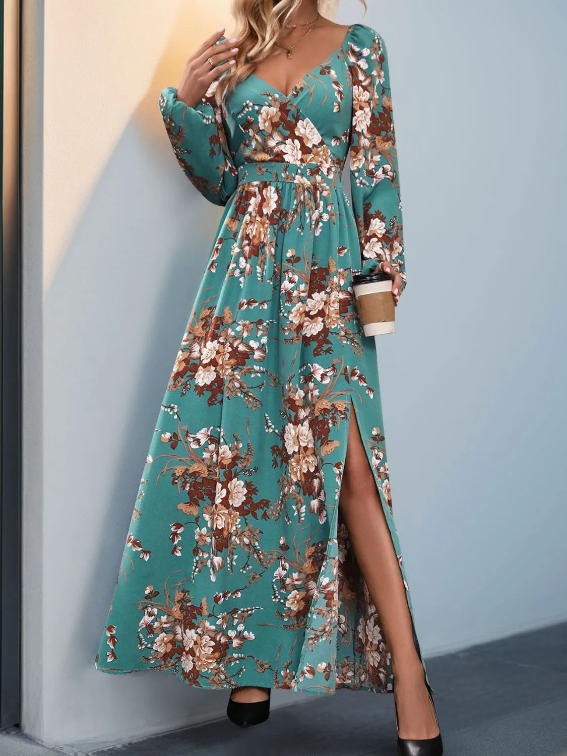 Slit Printed Surplice Long Sleeve Maxi Dress Turquoise Casual Dresses - Tophatter Daily Deals