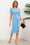 Slit Ruffled Puff Sleeve Midi Dress Casual Dresses - Tophatter Daily Deals