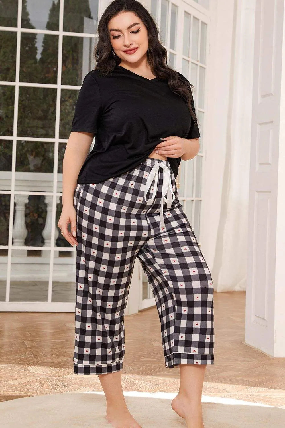 V-Neck Tee and Plaid Cropped Pants Lounge Set Loungewear Sets - Tophatter Daily Deals