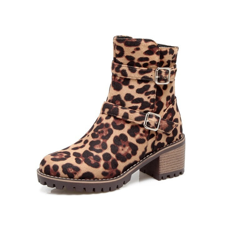Belt Buckle Round Head Side Zipper Warm Small Size 40-45 Low Boots Leopard print 0 - Tophatter Daily Deals