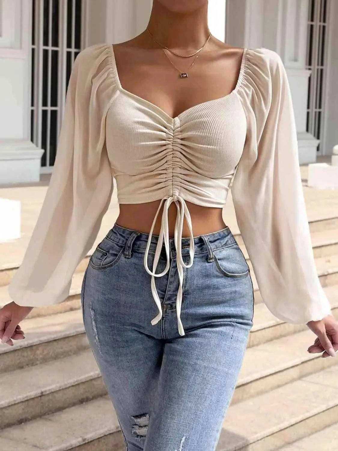 Drawstring Sweetheart Neck Cropped Top Sand Blouses - Tophatter Daily Deals