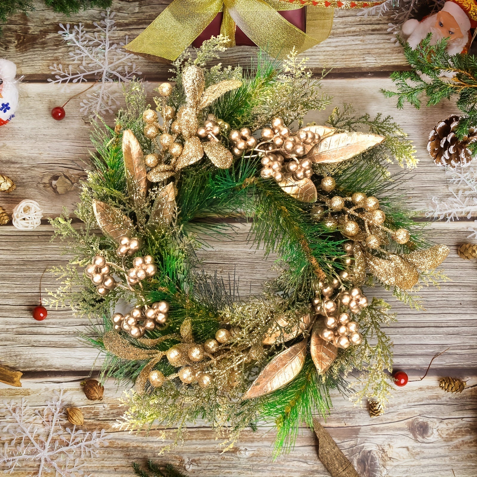 Classic Christmas Wreath Golden Leaves and Berries Occasions > Christmas > Christmas Wreaths & Garlands - Tophatter Daily Deals