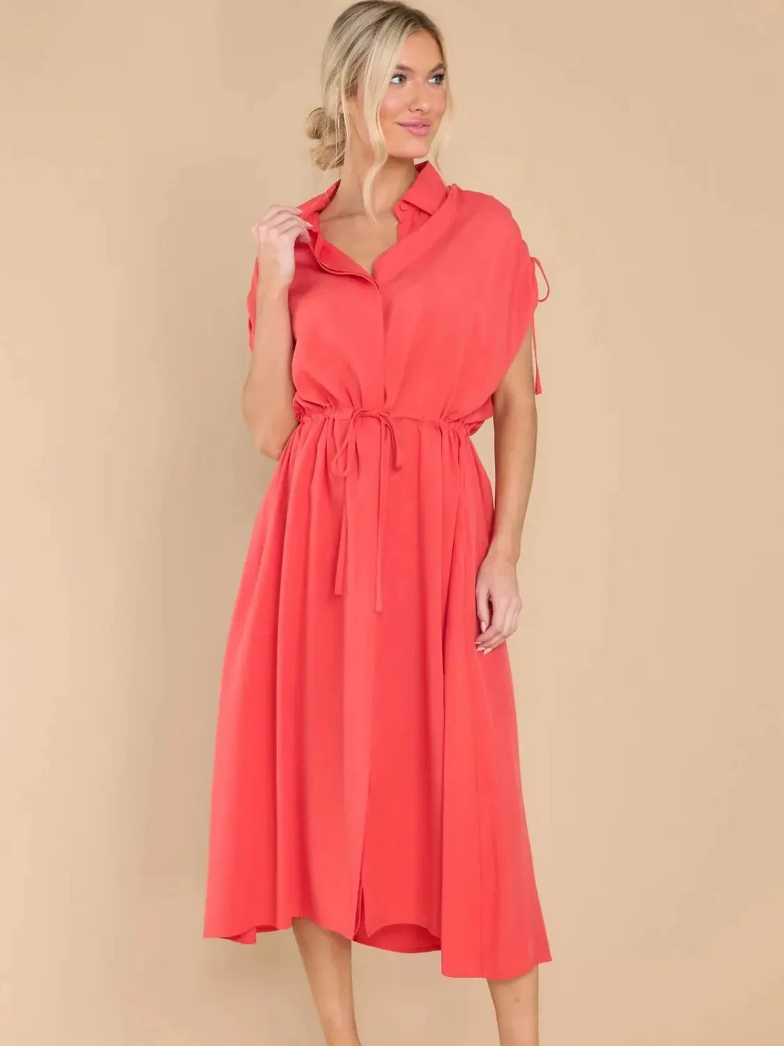 Drawstring Collared Neck Short Sleeve Midi Dress Strawberry Casual Dresses - Tophatter Daily Deals