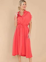 Drawstring Collared Neck Short Sleeve Midi Dress Strawberry Casual Dresses - Tophatter Daily Deals