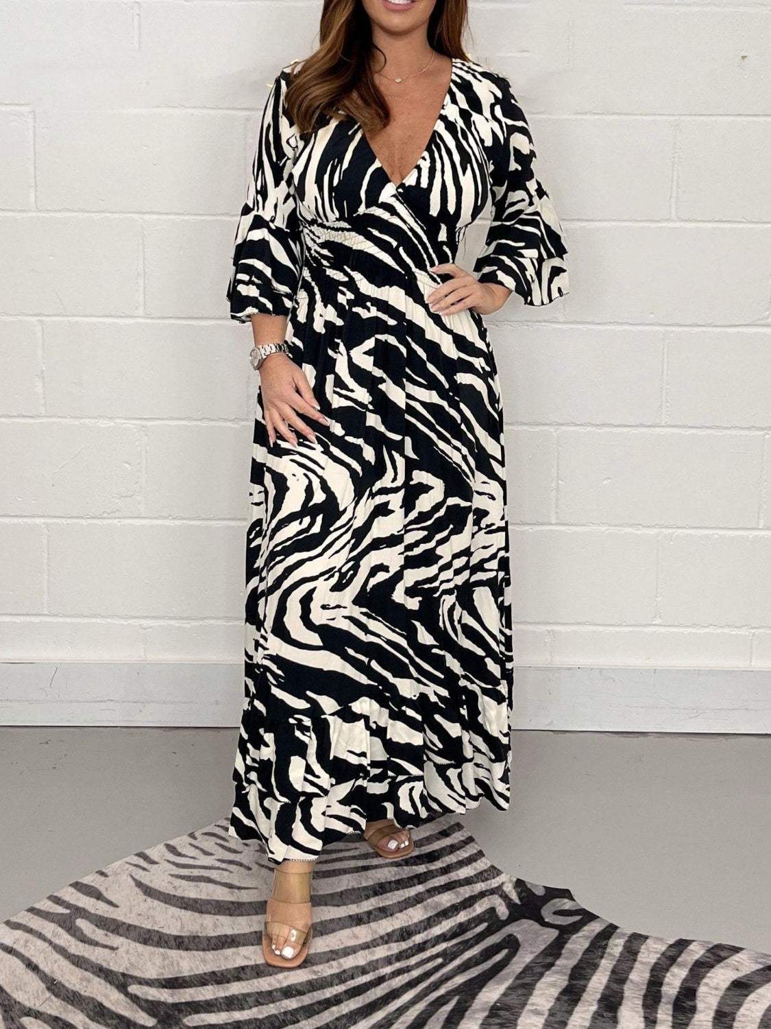 Smocked Printed Flounce Sleeve Maxi Dress Black Casual Dresses - Tophatter Daily Deals