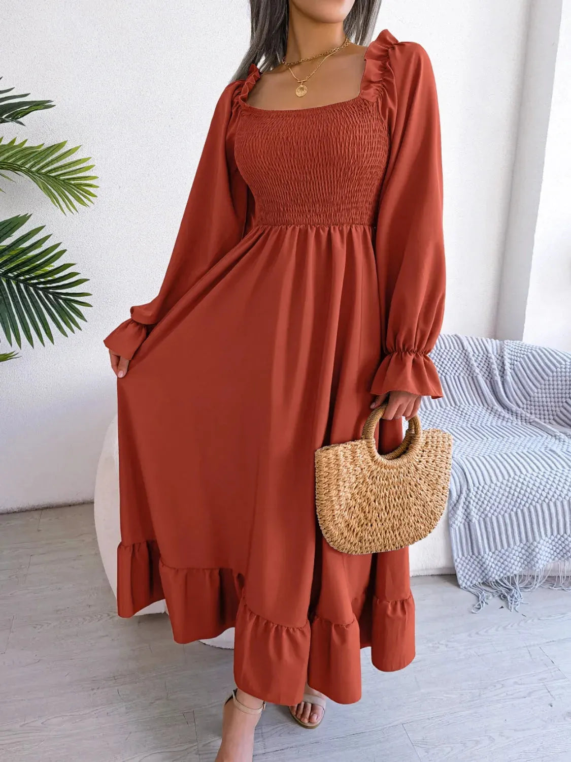 Smocked Square Neck Flounce Sleeve Dress Casual Dresses - Tophatter Daily Deals